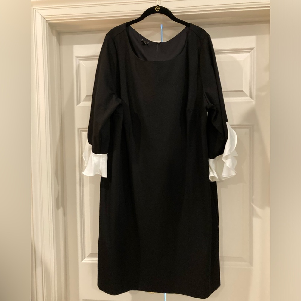 Talbots long sleeved black dress with white ruffle sleeves zipper 18 wide.